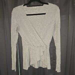 Caution To The Wind Light Gray Ribbed Wrap Blouse